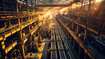 Poster - Industrial facility illuminated by sunlight with machinery and steam in motion during late afternoon hours