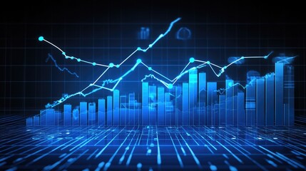 Poster - Stock market investment and economic expansion visualized with a blue growth chart and analytics.
