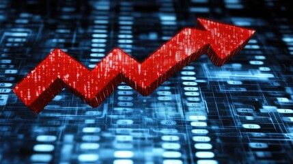 Poster - Stock market success visualization with a histogram and an ascending red arrow on a futuristic digital background.