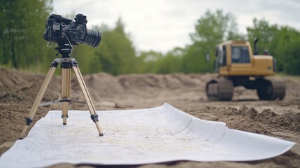 Poster - Survey equipment with a construction map spread out on a field table at a worksite.