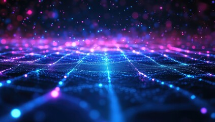 Fototapete - Vibrant Abstract Digital Landscape with Iridescent Particles in Blue and Pink Colors for Futuristic or Technology Themes