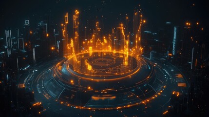 Poster - Wealth growth concept with digital coins, financial bar graphs, and a glowing stock market interface.