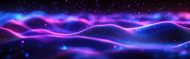 Poster - Vibrant Abstract Digital Waves in Purple and Blue with Sparkling Particles Ideal for Visual Art, Technology, and Futuristic Themes