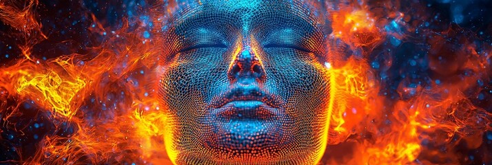 Poster - Blazing face blending deep blues with fiery oranges