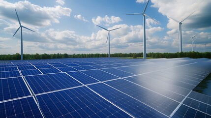 Poster - A vibrant image showcasing a clean energy industrial complex featuring solar panels and sustainable technologies.