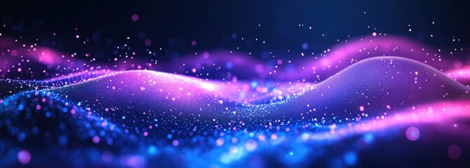 Poster - Vibrant Abstract Waves of Light and Color with Shimmering Particles in a Dreamlike Space Representation