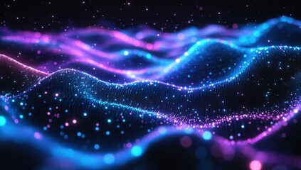 Fototapete - Vibrant Abstract Waves of Light in Blue and Purple with Glittering Particles in a Dark Background for Digital and Creative Projects