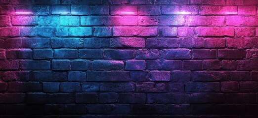 Poster - Vibrant Neon Glow on Dark Textured Brick Wall with Colorful Lighting for Contemporary Background Design Elements