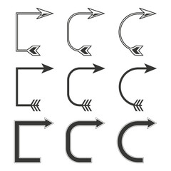 Poster - arrow direction icon. curved path symbol. geometric navigation shape. black vector element.