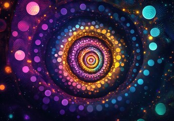 Poster - Vivid spiral pattern with colorful glowing circles in an abstract digital design representing movement, energy, and creativity in a cosmic environment