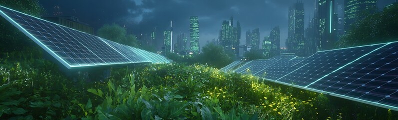 Poster - A futuristic eco-city design featuring solar power and cyberpunk aesthetics in a vibrant landscape.