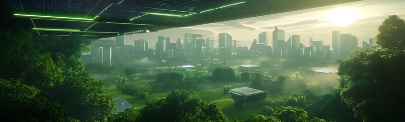 Poster - A vibrant cyberpunk eco-city image showcasing solar power and modern architecture.