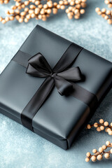 Wall Mural - black box with a bow on top of it. the box is wrapped in black paper and has a ribbon tied around it
