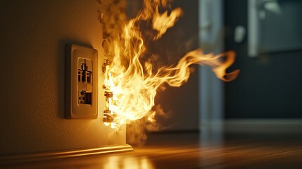 Poster - Electrical outlet sparks fire hazard with short circuit, showcasing electrical discharge and smoke, highlighting safety concerns and potential danger from faulty wiring , 32k Resolution 