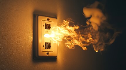 Poster - Electrical outlet sparks fire hazard with short circuit, showcasing electrical discharge and smoke, highlighting safety concerns and potential danger from faulty wiring , 32k Resolution 