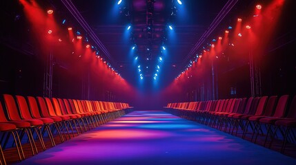 Poster - Empty runway under colorful spotlights in fashion show venue. Rows of red chairs await models. Fashion event ready for glamorous show. Stylish, empty fashion show catwalk. 32k Resolution 