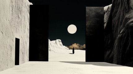 Wall Mural - a lone figure stands silhouetted against a vast, moonlit landscape, framed by stark, imposing struct