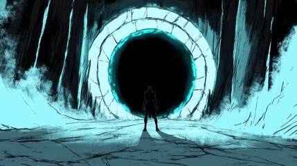 Wall Mural - silhouette of a person standing before a large, dark, circular portal glowing teal.