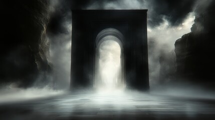 Wall Mural - mysterious stone archway shrouded in fog, leading to an unknown destination. dark, atmospheric, and 
