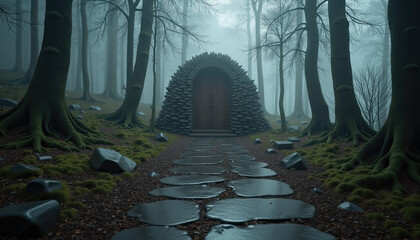 Misty forest basalt stone path for fantasy websites and atmospheric photography