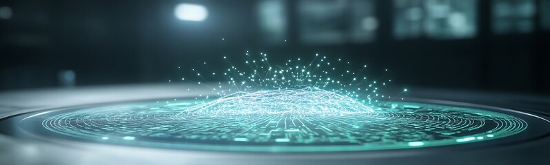 Poster - Futuristic AI financial advisor hologram image featuring innovative technology and finance concepts.