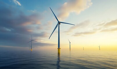 Fototapete - ahmadwahyuutomo776@gmail.com Futuristic offshore wind turbine farm in deep ocean environment, showcasing renewable energy technology.