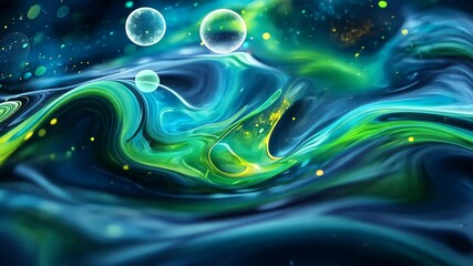 Poster - Vibrant abstract fluid art with blue and green waves, bubbles, and cosmic textures, creating mesmerizing sense of movement and depth in dynamic underwater scene.