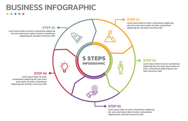 Poster - Visual data presentation. Cycle diagram with 5 options. Pie Chart Circle thin line infographic template with 5 steps, options, parts, segments. Business concept. Marketing infographic outline style.