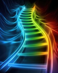 Poster - A vibrant, abstract depiction of a winding staircase illuminated in rainbow colors, set against a dark background.