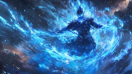 Aufkleber - Powerful Fiery being engulfed in blue flames against a dark cosmic background.
