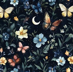 dark aesthetic floral design, seamless pattern of flowers, butterflies