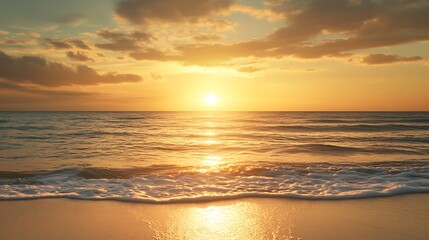 Aufkleber - ahmadwahyuutomo776@gmail.com Golden sunrise reflecting over a calm ocean with soft waves, perfect for tranquil and scenic imagery.