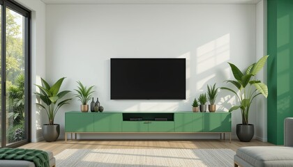  Wide angle view modern living room with green decor
