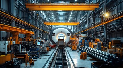 Poster - and detailed photograph showcasing the internal components and of a magnetic resonance imaging MRI scanner captured from an industrial angle within a manufacturing or research facility