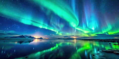 Wall Mural - green and blue aurora borealis reflecting on a starry sky above a northern sea wave , northern light