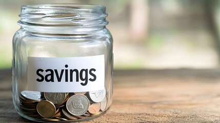 Poster - Close up of an empty glass jar labeled  savings  with only a few coins at the bottom representing the concept of financial planning budgeting and growing personal wealth over time