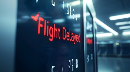 Aufkleber - close up shot of a bold red Flight Delayed alert displayed on an electronic airport information board or status display  The alert text stands out prominently against the dark background