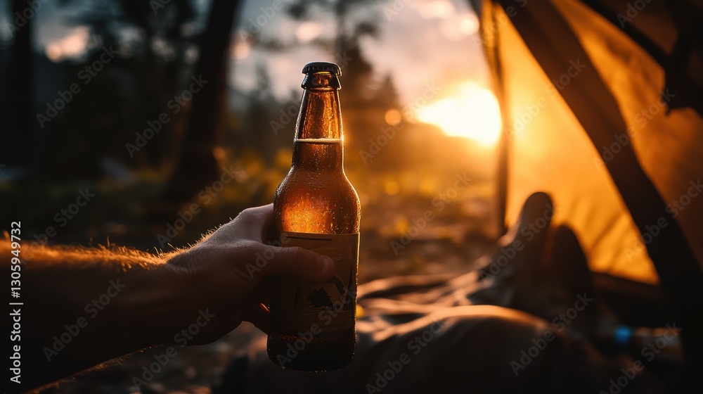 Hand holding a bottle of beer in campsite outdoors with beautiful nature settings.