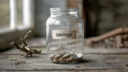 Aufkleber - Closeup View of a Transparent Glass Jar Labeled  Savings  Containing Only a Few Coins at the Bottom Highlighting the Concept of Setting Aside Money for the Future and Financial Security