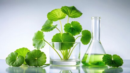 Wall Mural - Centella asiatica leaves in a beaker with various plant extracts and solvents for studying antioxidant properties and chemical interactions , antioxidants, solvent systems