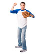 © Eric Hood - Man in baseball shirt and jeans with mitt glove isolated on white