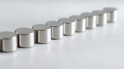 Aufkleber - Detailed view of a row of precisely aligned cylindrical bar magnets with a smooth metallic finish creating an industrial scientific and minimalist visual composition