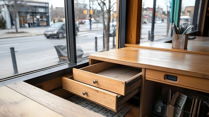 Aufkleber - Detailed view of an empty cash register drawer left open highlighting the concept of financial loss neglect or abandoned retail The image conveys a sense of emptiness lack of activity