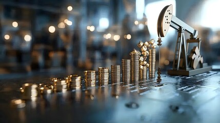 Poster - Detailed visualization of oil flowing over a bar chart illustrating the financial and economic impact of rising costs and commodity prices in the energy sector