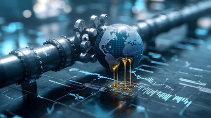 Leinwandbilder - digital depicting a globe wrapped in an oil pipeline with dripping oil forming a dynamic financial chart symbolizing the interconnected global oil economy and its far reaching impacts on finance