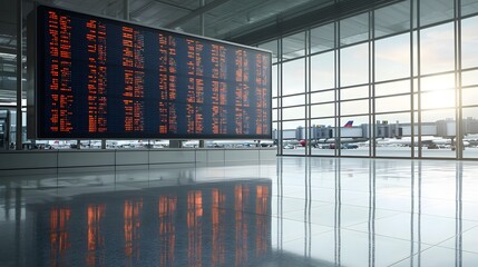 Aufkleber - Expansive electronic airport departure board reflected on the sleek polished floor of a modern terminal building  The large digital display shows flight information and schedules