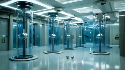 Poster - High detail view of magnets levitating small metallic objects in a futuristic minimalist scientific setup or laboratory environment  The levitating objects are suspended in mid air
