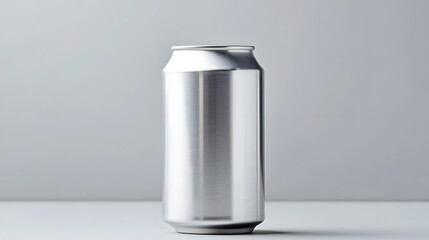 Poster - photograph of a matte silver soda can with a seamless finish and a glossy top presented in a simple clean studio setting  The can s minimalist design showcases its elegant and sleek appearance
