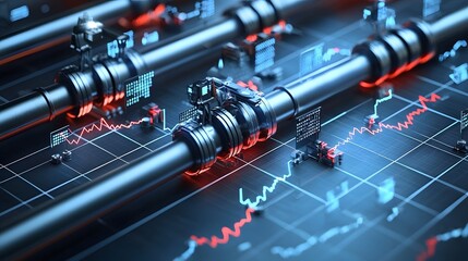 Aufkleber - shot of oil pipelines intertwining with market graphs symbolizing the interconnected nature of energy infrastructure and financial markets
