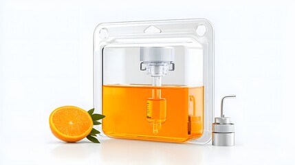 Poster - Transparent self standing pouch with a gravity fed dispensing valve perfect for packaging and displaying juice beverages or other liquids in a modern minimalist design